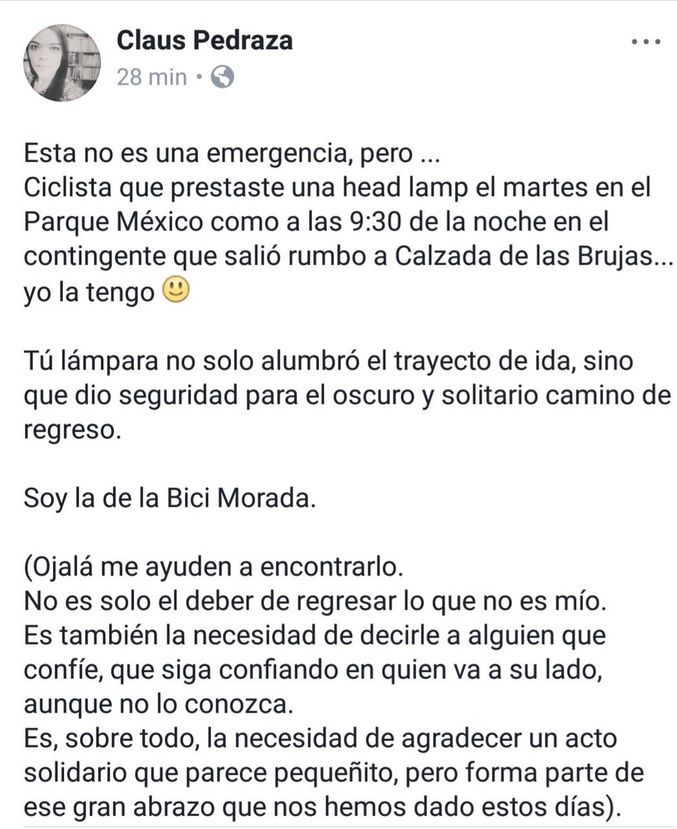 #Ciclista
Si prestaste una lámpara el martes pasado en el Parque México...yo la tengo y te la quiero devolver. Gracias por la luz!