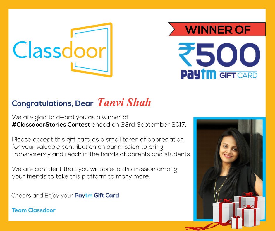Classdoor123's tweet photo. Congratulations! Tanvi Shah on winning #ClassdoorStories
Stay tuned, next contest on 28th Sept
#Winnerannouncement
#Classdoor #Contest https://t.co/29nLRs2ewX