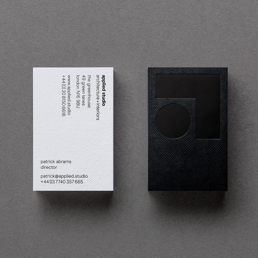 GFSmithpapers's tweet image. Detail shot of business cards designed by @Ragged_Edge  for Applied Studio
using duplexed @colorplanpapers  with a matt black foil logo.