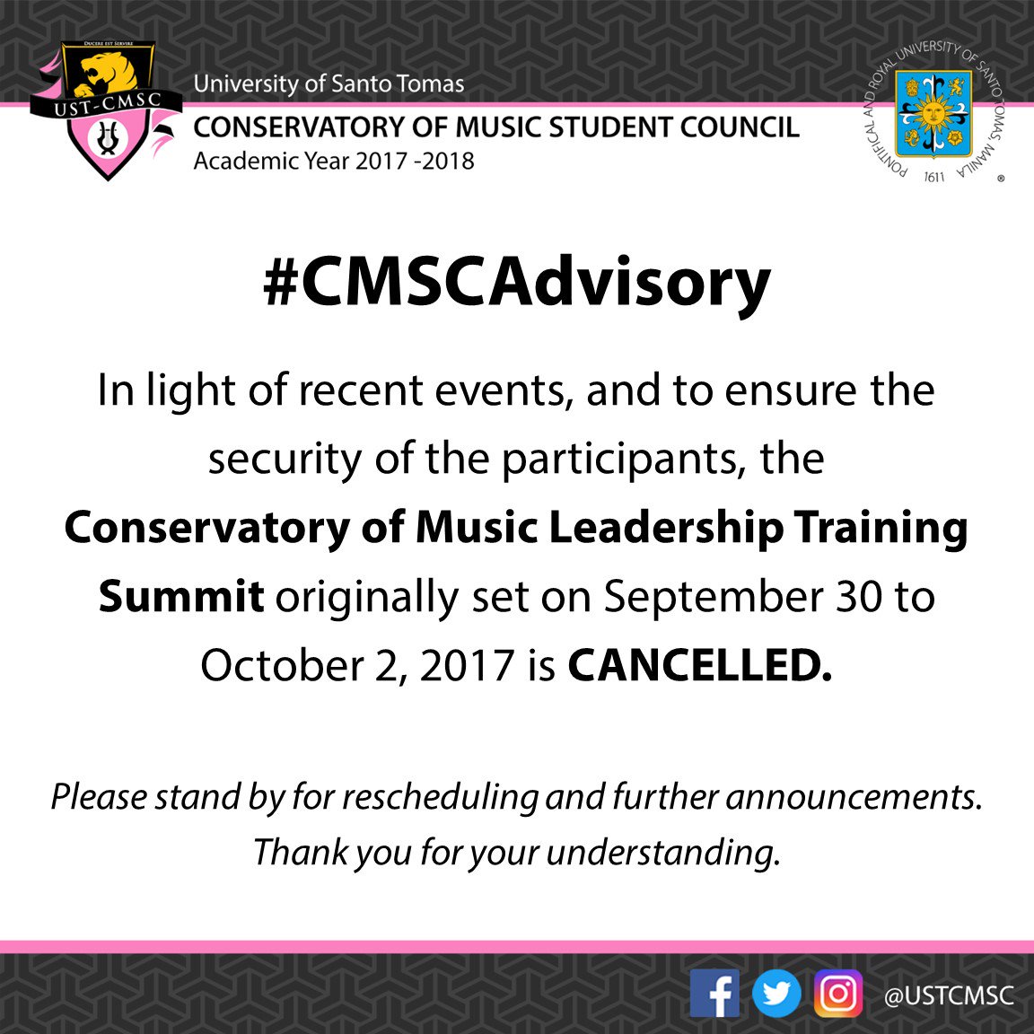 ustcmsc's tweet photo. #CMSCAdvisory
As a precautionary measure, the Conservatory of Music LTS originally set on Sept. 30 to Oct. 2, 2017 is CANCELLED. https://t.co/sMXYi7qeID