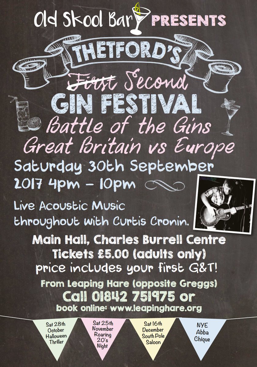 Our next event is fast approaching - the 2nd <a href="/OldSkoolBarThet/">Old Skool Bar</a> Gin Festival featuring live music. At <a href="/CbcCentre/">CharlesBurrellCentre</a> Tickets from <a href="/leapinghareorg/">Leaping Hare</a>