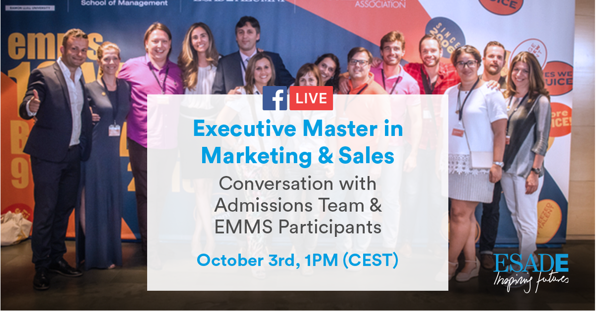 EsadeExecEd's tweet photo. Everything you want to know about #ESADEemms on our #Facebook life. https://t.co/Mfu4ZIEune october 3. Don't miss it! https://t.co/OW1boRXCTA