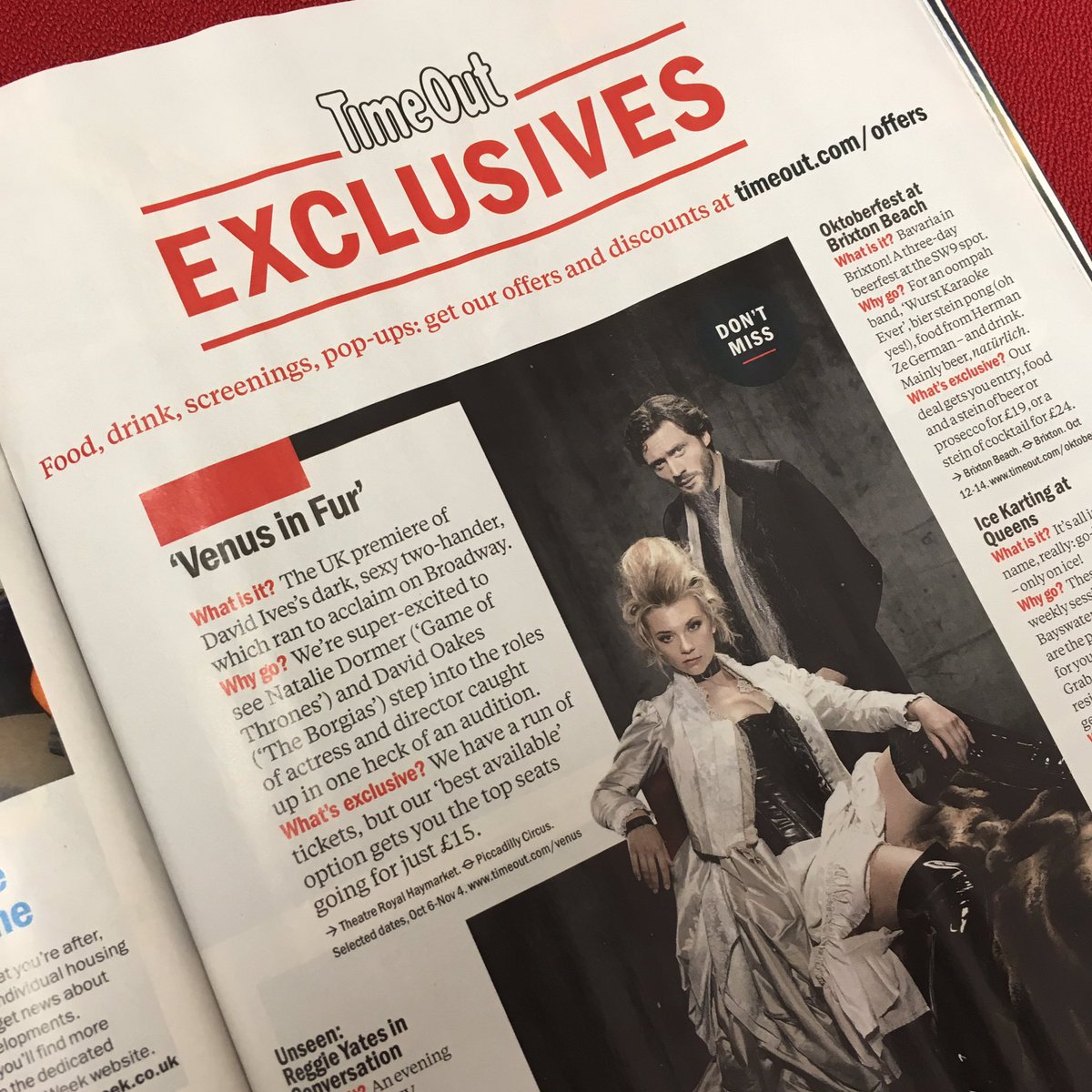 VenusOnStageLDN's tweet photo. Pick up your copy of @TimeOutLondon today with exclusive access to £15 tickets to #VenusInFur - previews from 6 Oct! https://t.co/BOuhlTUgg9