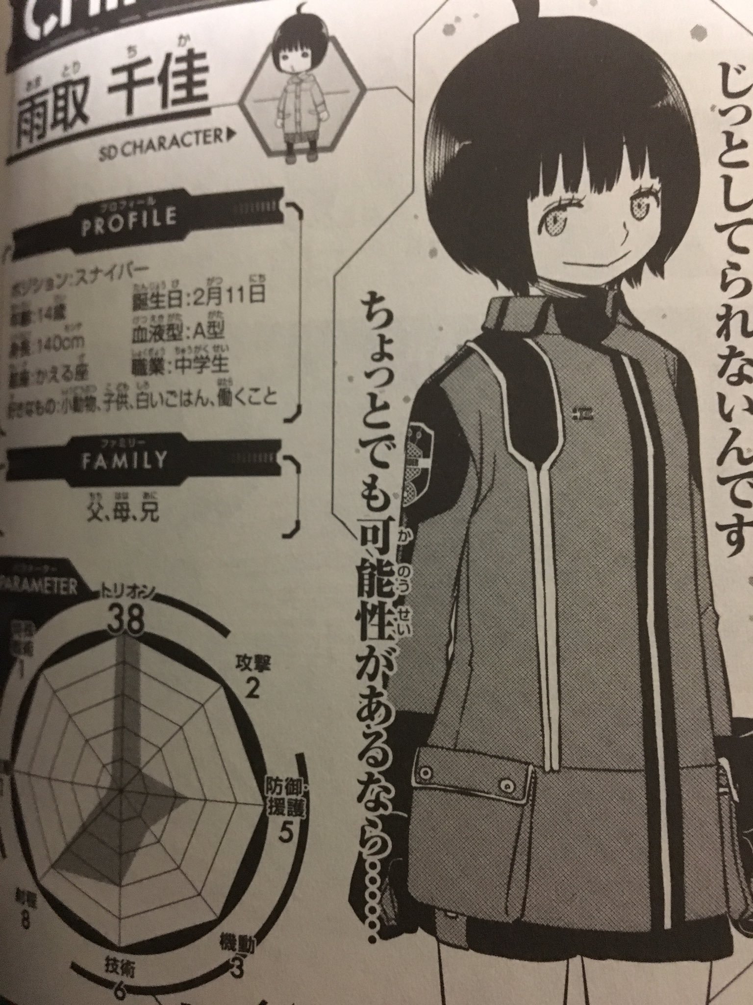 きゃべる fは雨取千佳の奇形グラフだけでも見る価値があるし何より一番最初のページに城戸司令がいる時点でめっちゃ ワールドトリガーしてるので是非買ってくれよな T Co Q2zyseghxv Twitter