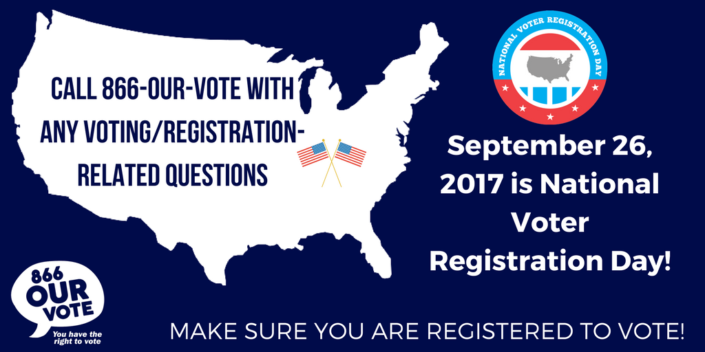 NatlVoterRegDay's tweet image. Hey #NationalVoterRegistrationDay participants! Have voter reg questions? Call Election Protection hotline, 866-OUR-VOTE, until 7:00pm EDT!