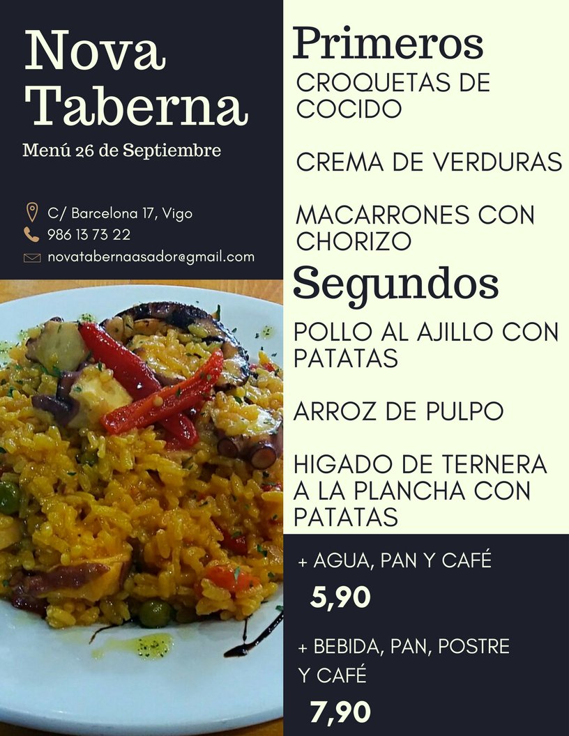 nova_taberna's tweet image. Menú 26 de Septiembre en @nova_taberna (C/Barcelona 17)
¡Que aproveche! 🍽️😋
