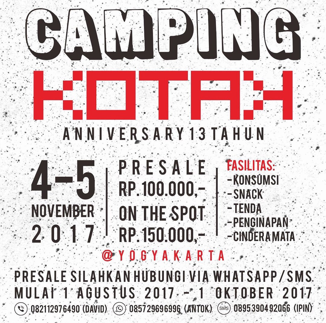 Besok 27 Sep 2017 <a href="/kotakband_/">Official KOTAK</a>  #13tahunkotak ,ngerayainnya ngadain camping tgl 4-5 Nov 2017 di Jogja ! buruan rame2 ikutan, presale msh buka