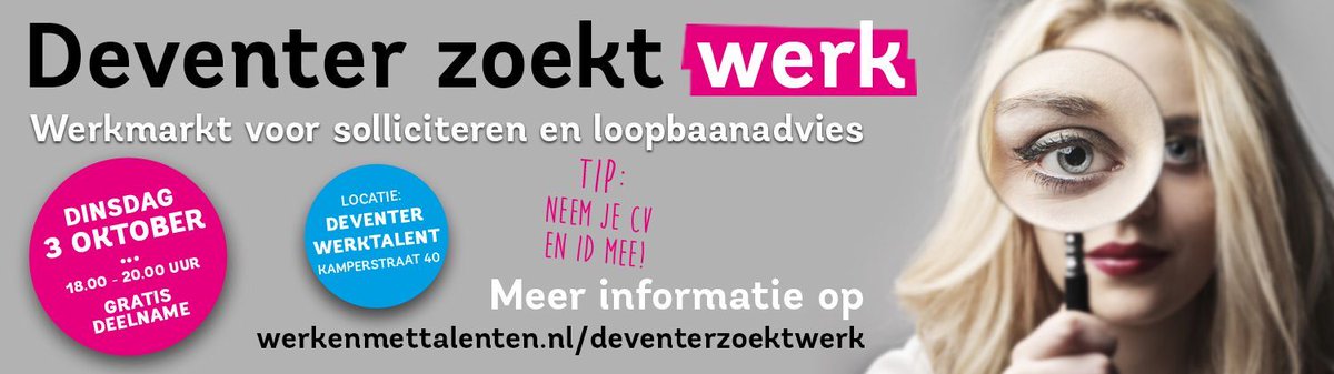 UWVSteden4kant's tweet photo. UWV en @werkenmettalent organiseren Werkmarkt op dinsdag 3 okt. Kom jij ook naar de bijeenkomst #Deventerzoektwerk?: https://t.co/gMJSKzczb4 https://t.co/KhBLCiBxww