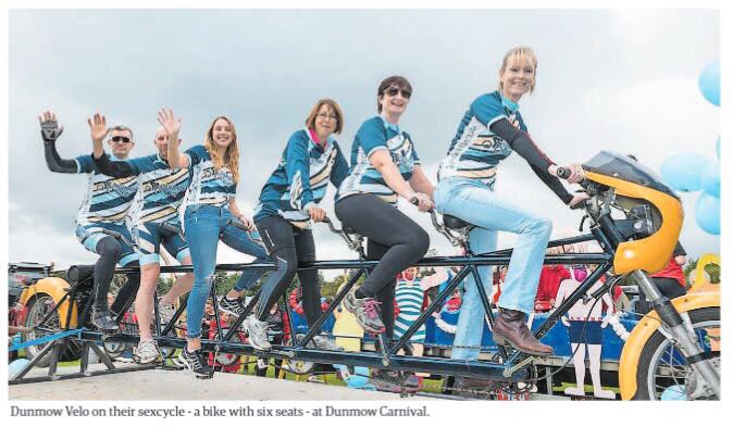 GreatDunmowRT's tweet photo. The @dunmowbroadcast also renamed our #6ManBike #MEGATANDEM. Not sure if we like or hate it but the ladies look happy 😉😊 #sexcycle #domore https://t.co/14mY0VXjwP