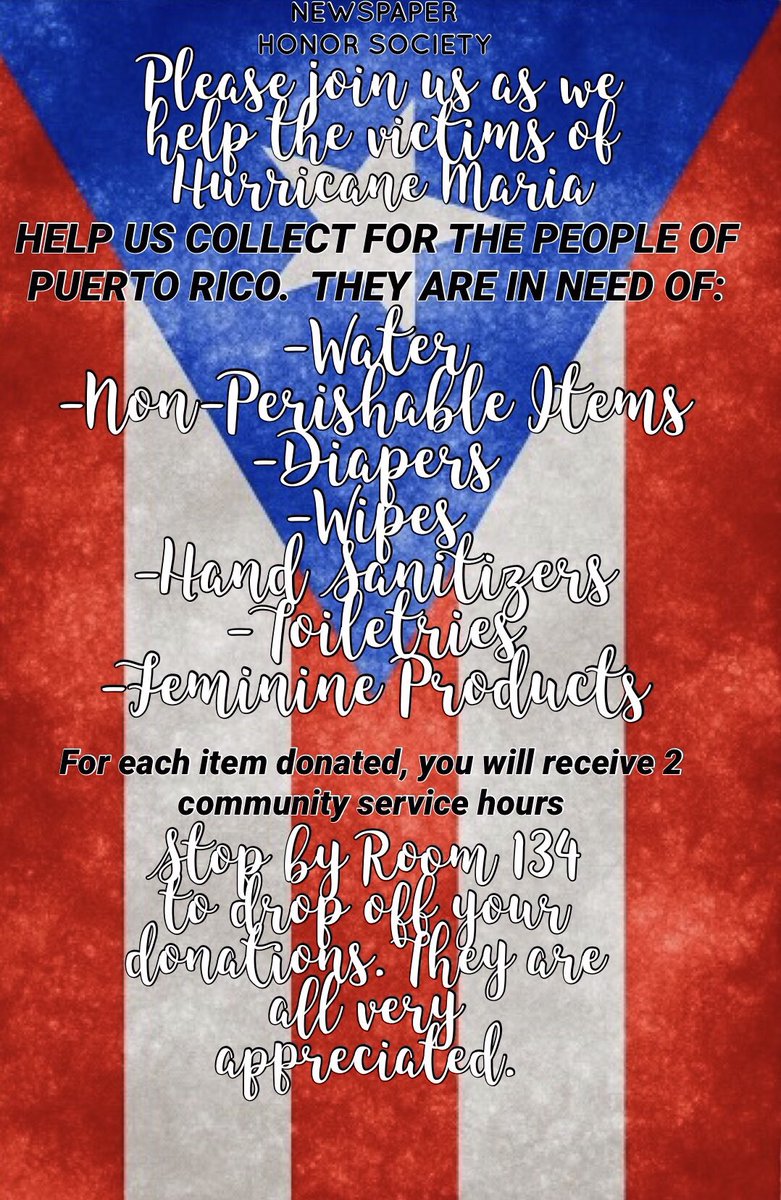 thepawprint_'s tweet photo. Donations are welcome with open arms starting today! PLEASE HELP US GIVE BACK TO THE PEOPLE OF PUERTO RICO! https://t.co/nCUmedB0Z4