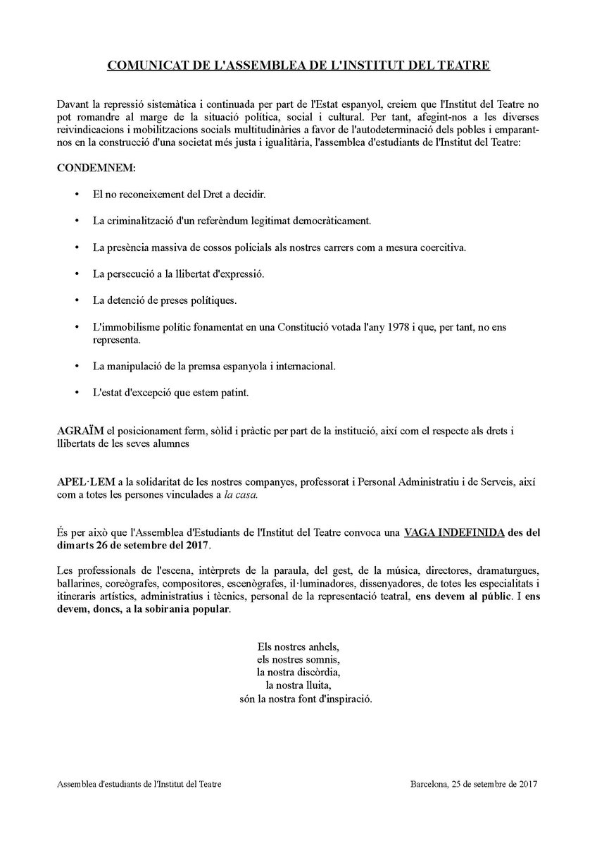 assemblea_IT (@assemblea_it) on Twitter photo Manifest de <a href="/assemblea_IT/">assemblea_IT</a>. Els alumnes de l'<a href="/institutteatre/">Institut del Teatre</a> constiuïts en assemblea ens declarem en vaga indefinida per les següents raons: Manifest de <a href="/assemblea_IT/">assemblea_IT</a>. Els alumnes de l'<a href="/institutteatre/">Institut del Teatre</a> constiuïts en assemblea ens declarem en vaga indefinida per les següents raons: