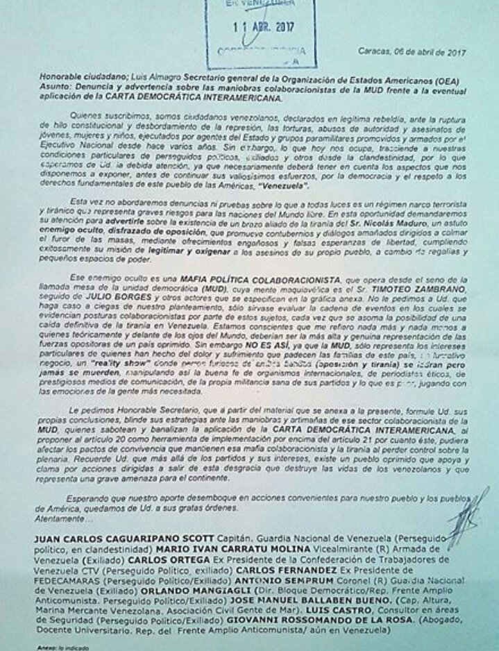 Nuestro Hermano Cap JC Caguaripano nos pide 26/9/17 ratificar Su Carta de 11/4/17 a la OEA Exigiendo Libertad de Venezuela.
ASNP/O-Libertad