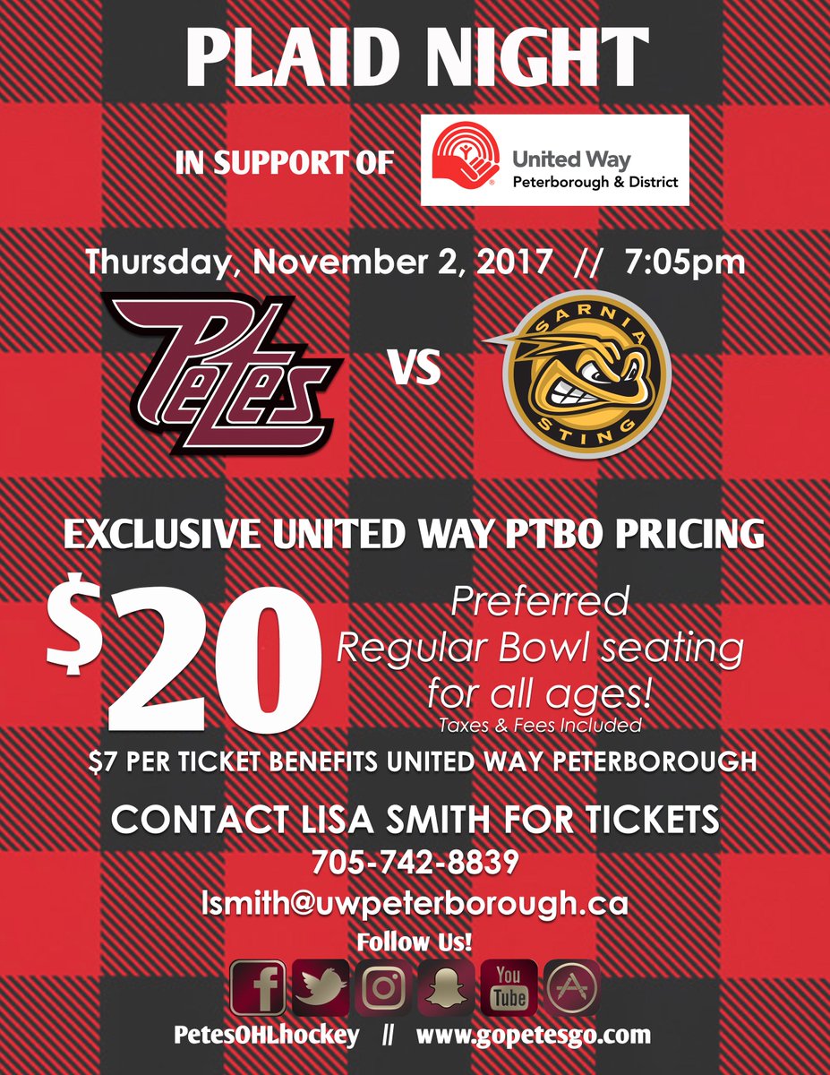 Ptbo_Canada's tweet photo. Get your tix for #PetesPlaidNight in support of @UnitedWayPtbo November 2nd @PtboMemCentre! https://t.co/N1ZCYcvgrm