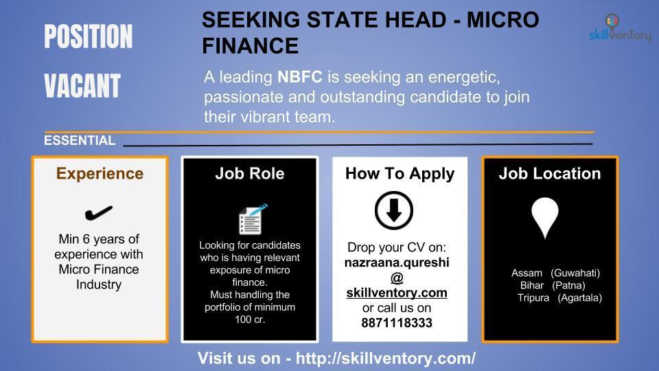 skillventory's tweet photo. Leading #NBFC in #Assam #Bihar #Tripura is looking for #StateHead #MicroFinance
For jobs, https://t.co/L0EBiOWz5S
#RecruitmentConsultants https://t.co/KiaSifufip