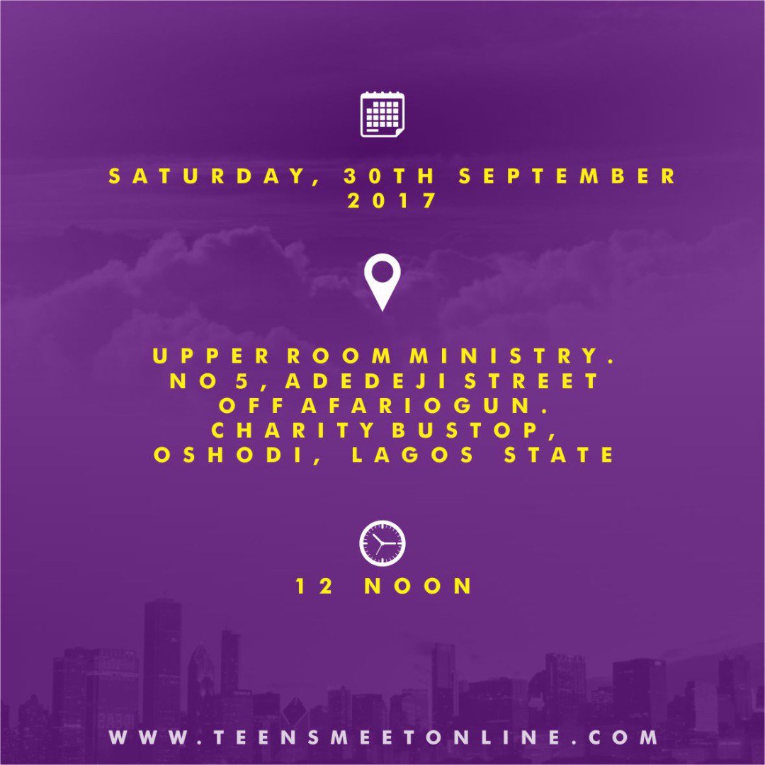 teensmeetonline's tweet photo. LAGOS!
Venue: No 5, Adedeji street, off Afariogun. Charity Bustop, Oshodi.
Date: 30th September, 2017
Time: 12:00Pm
#TMW #TMW2017 #TMW1 https://t.co/fhZCrM6dvM