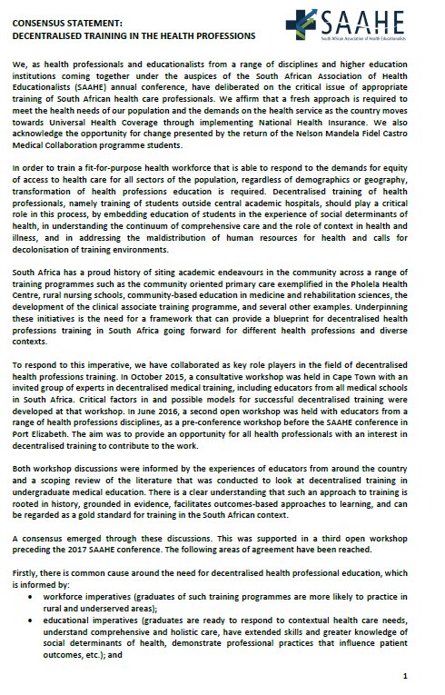 iandcouper's tweet photo. #RHC2017 adopted SAAHE Consensus statement on Decentralised Training in the Health Professions at closing session. https://t.co/vENfOEOH1N https://t.co/8oDKHnNyOw