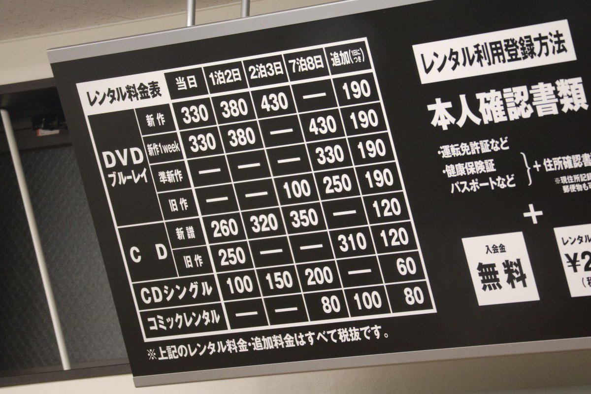 武蔵小杉ライフ公式 Twitterissa Tsutaya小杉店の仮設店舗のレンタル料金表 武蔵小杉