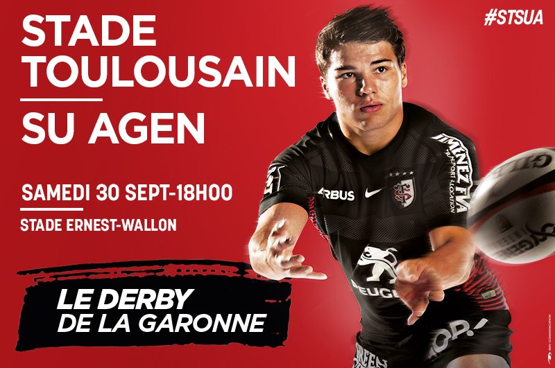 StadeToulousain's tweet photo. Le match #STSUA, c'est samedi 30/09 à 18h au stade Ernest-Wallon ! RT pour tenter de gagner 3*2 places VIP pour cette #J6 de #Top14 ! 😉 https://t.co/hPJDEMy3eS