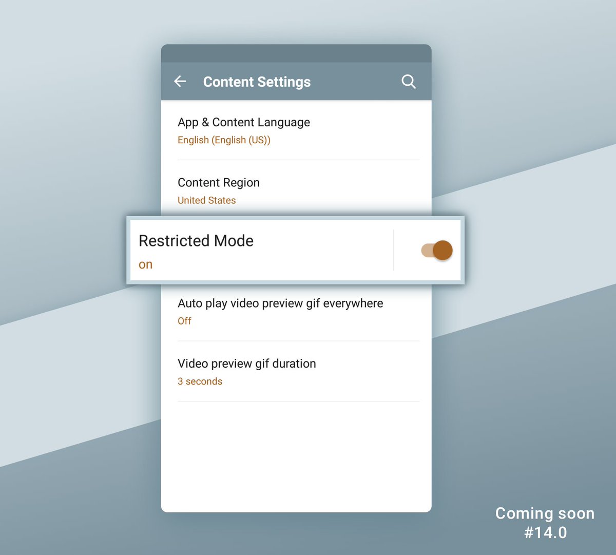 videoderandroid's tweet image. Restricted Mode lets you screen out potentially mature content that you may prefer not to see or don’t want others to see. Coming in #v14