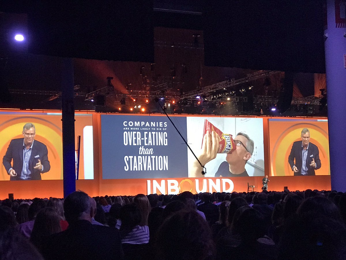 Startups die more often from overeating than from starvation. <a href="/bhalligan/">Brian Halligan</a> #inbound2017 @hubspot