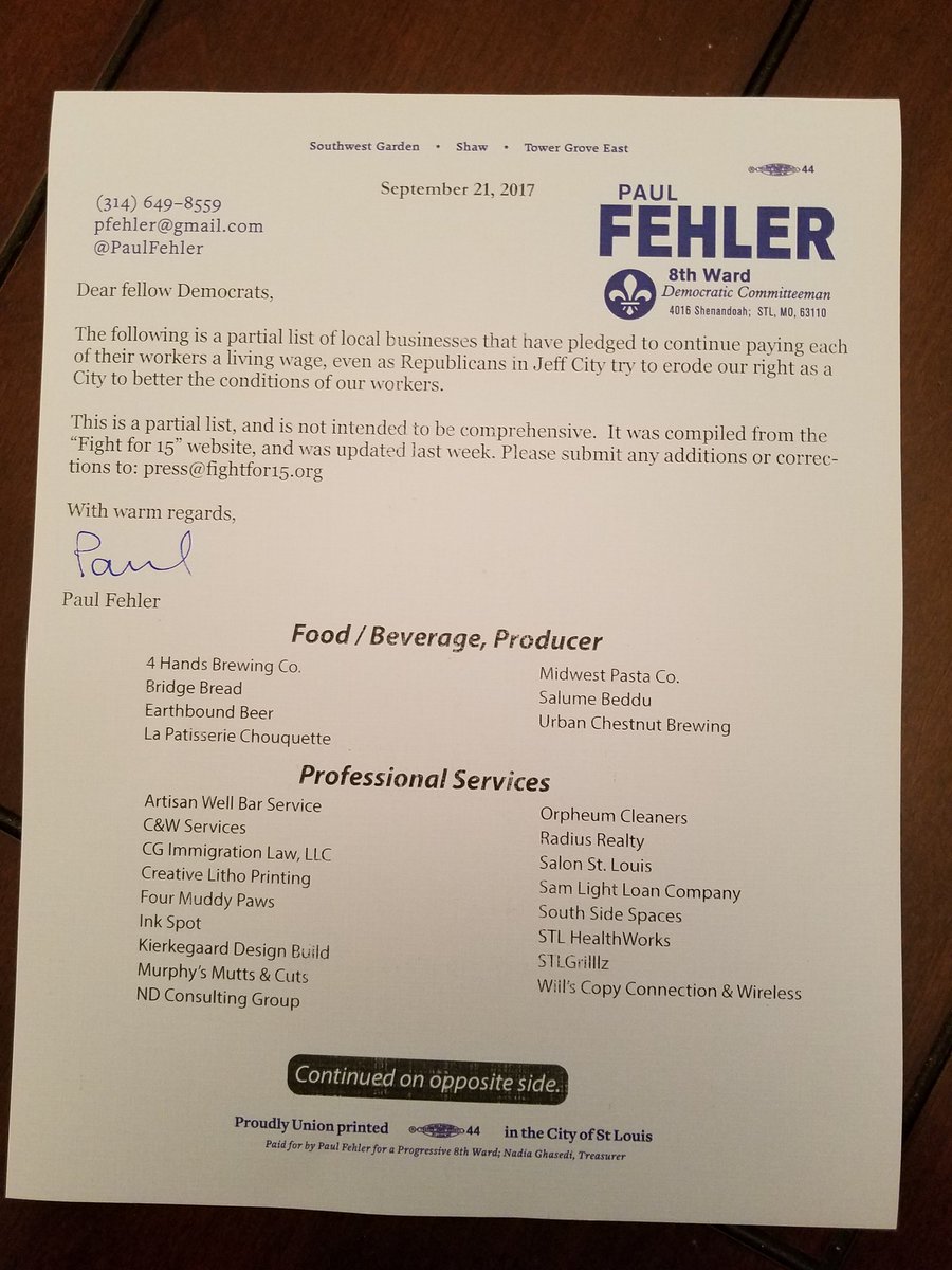 PaulFehler's tweet photo. Partial list of #STL businesses pledging to retain a living wage for all employees. From @fightfor15 site; updated end of last week. https://t.co/ZtBYHwzQEQ