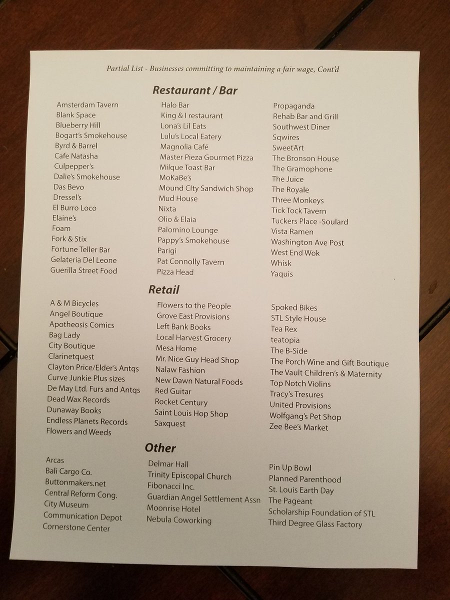 PaulFehler's tweet photo. Partial list of #STL businesses pledging to retain a living wage for all employees. From @fightfor15 site; updated end of last week. https://t.co/ZtBYHwzQEQ