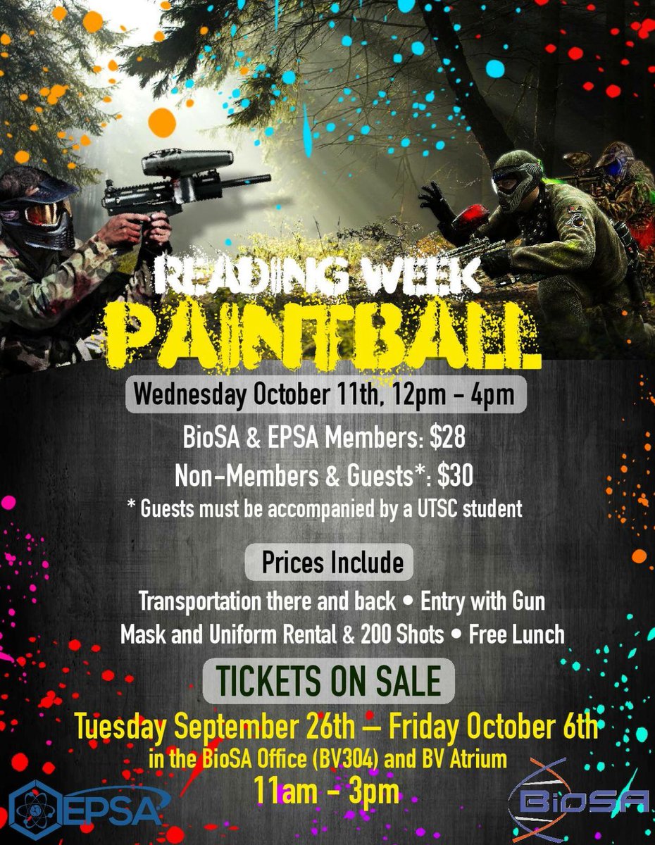 EPSA has teamed up with BioSA to bring you all one of the best trips of the year: PAINTBALL!! We'll be selling tickets until Oct 6th 💥