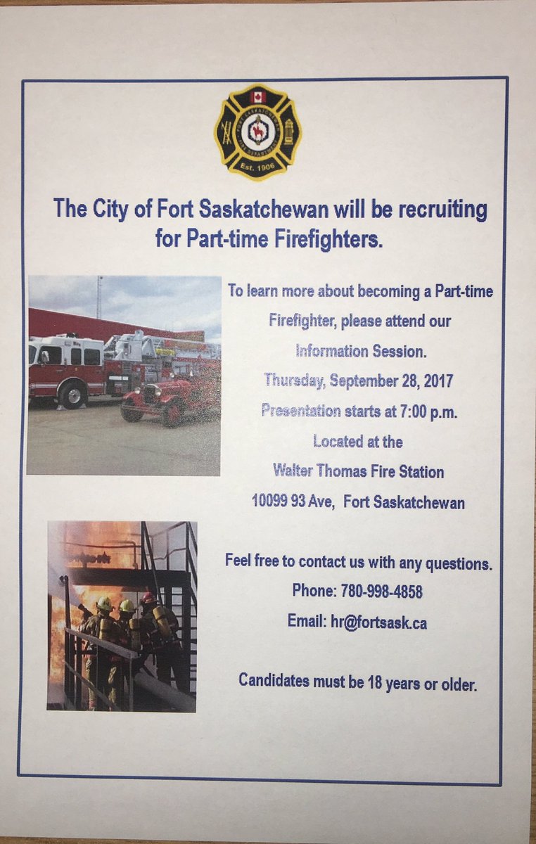 bheesing's tweet image. #FortSaskFD recruiting Part-Time FF-Learn new skills-Be part of our Fire family-Be involved for your Community-Be part of the #FSFD team 🚒