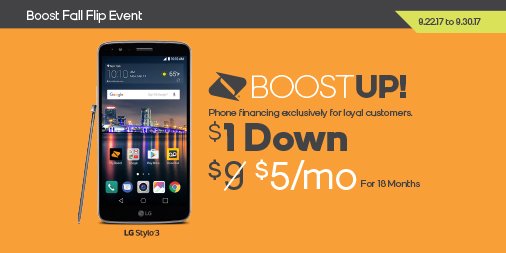 boostmobile's tweet photo. The Boost Fall Flip Event is here! Visit your local store and get the LG Stylo 3 for $1 down and only $5/mo. https://t.co/LCMvX2uVdN https://t.co/5w1IhT7920