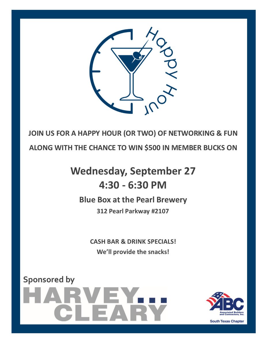 ABCsouthtexas's tweet photo. Stop by and mingle with other ABC members tomorrow at our Happy Hour! https://t.co/q2f8k83kKc