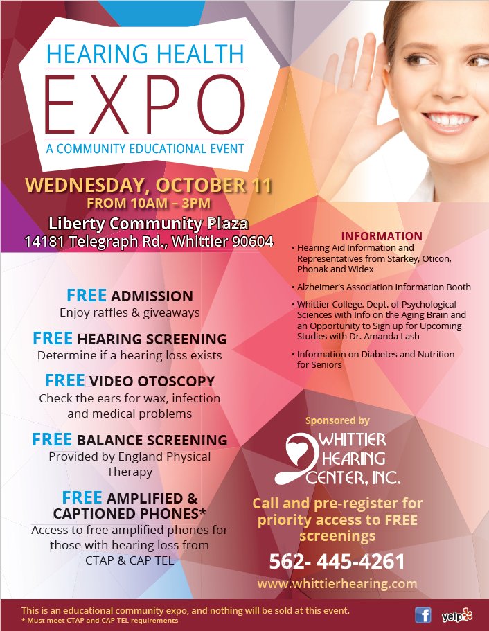 WhittierHearing's tweet image. Join us on Oct 11 for our annual #hearinghealthexpo! For more info: whittierhearing.com #whittierhearing #excitingevent #expo #hearing
