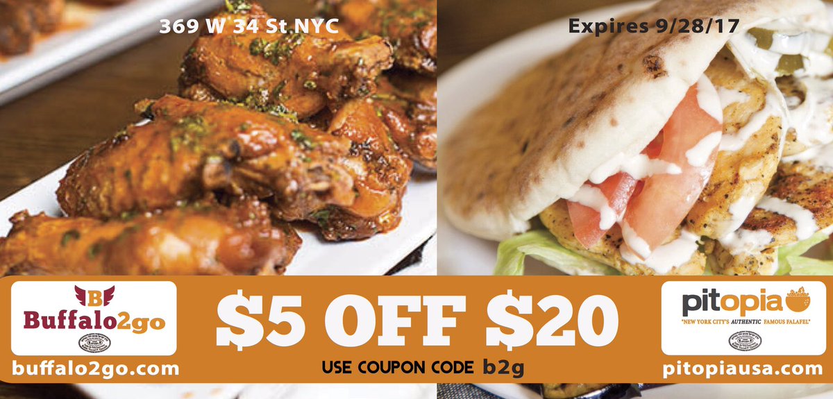 Pitopianyc's tweet photo. What's going to be your choice today-Pitopia or Buffao2go?$5 Off Any Order $20 #wings #kosherlunch #deal😋🍗🥙😋 https://t.co/YteWt1M8eu