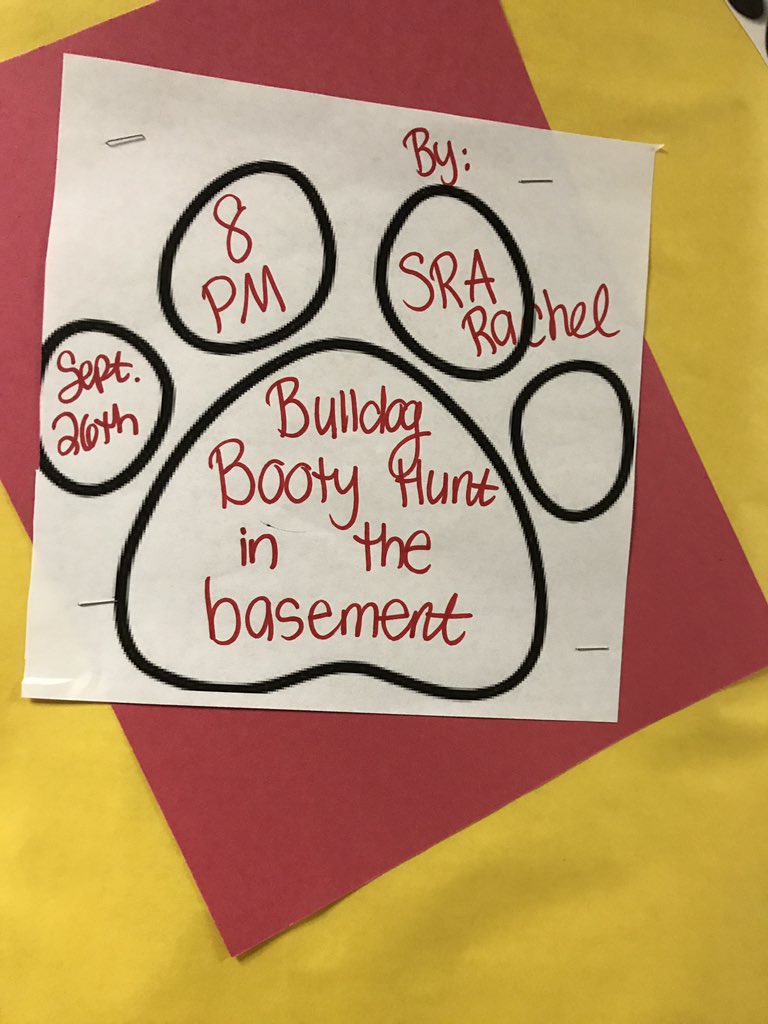 SamMayBulldogs's tweet photo. Bulldog booty hunt tonight at 8 pm in the basement with SRA Rachel! Come and have the chance to win a prize!🏆 https://t.co/XD3CI45maC