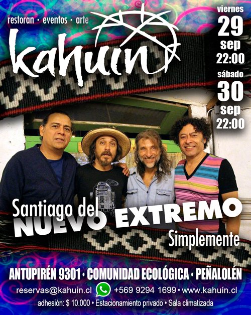 StgodelNuevo's tweet photo. Santiago del Nuevo Extremo en el Kahuin de Peñalolen 🎉🎊🎸
Viernes 29 y Sábado 30 de Septiembre 22:00 hrs.
Los esperamos a todas y todos! https://t.co/YhW4Fk7hPQ