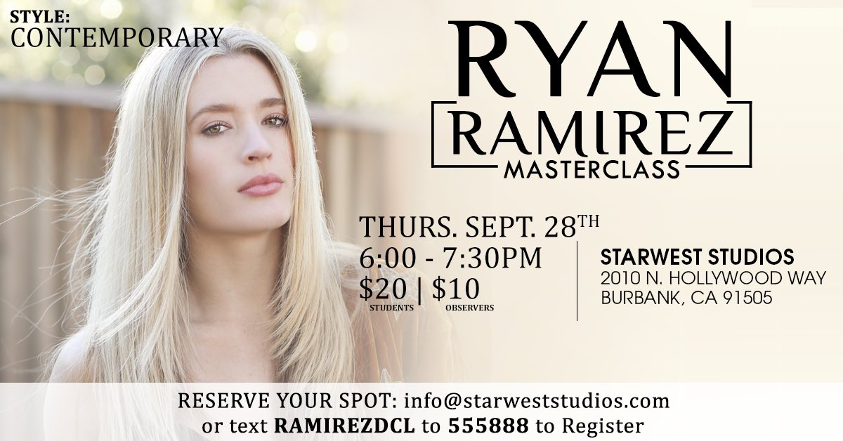 starweststudios's tweet image. The beautiful &amp;amp; super talented @RyanlRamirez will be teaching a Masterclass this Thursday!
📩:info@starweststudios.com
📲:RAMIREZDCL to 555888