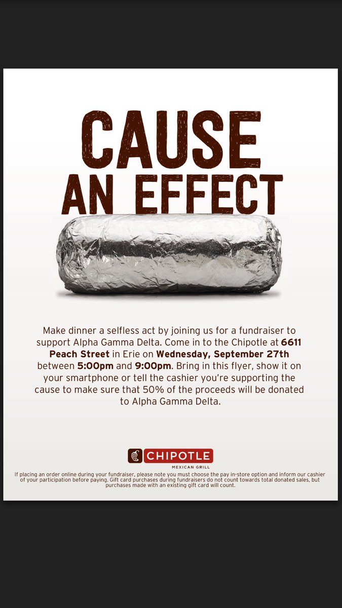 alphagam_EUP's tweet photo. Don't forget to stop by chipotle tomorrow from 5-9 to help support #FightingHunger !! 50% of proceeds will go towards our philanthropy 🌮 https://t.co/kxA2iYuMbj