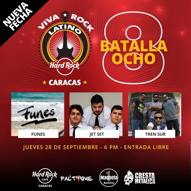 El ganador de la #Batalla8VRL entre <a href="/funesmusica/">Funes Música</a> vs <a href="/jetsetbanda/">JET SET</a> vs <a href="/trensuroficial/">Tren Sur</a> ¿Quién será? #VivaRockLatino