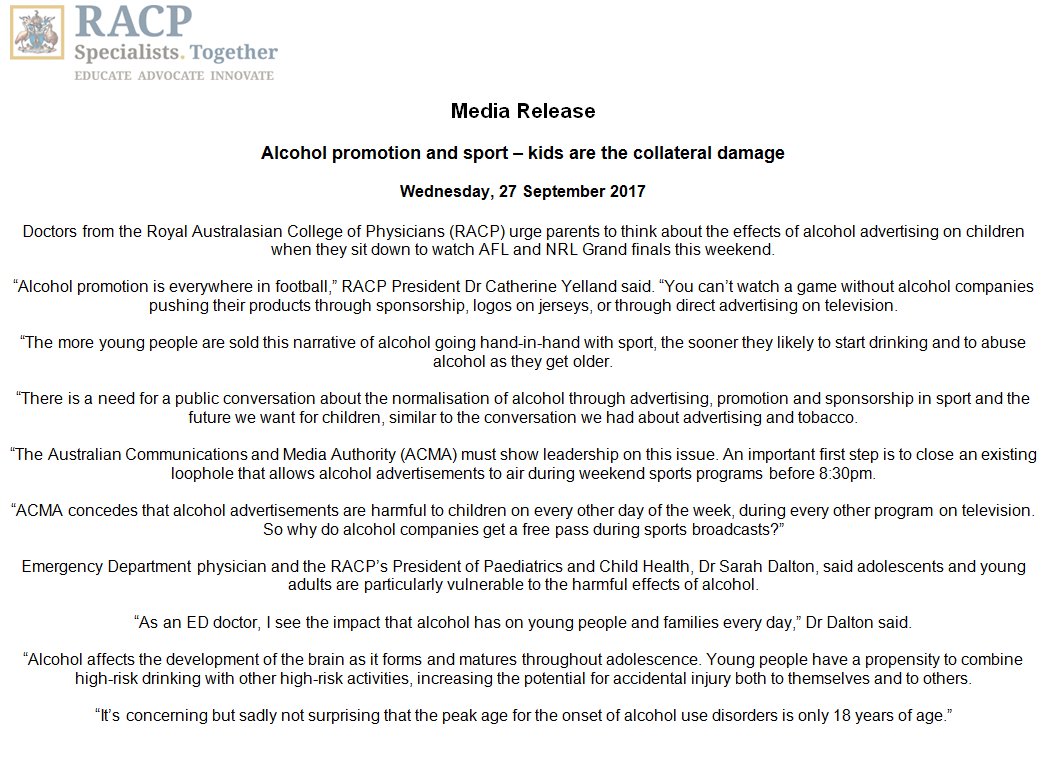The Racp On Twitter Media Release We Really Need To Talk About Alcohol Ads During Sport Boozefreesport Https T Co 4mkf0pppij