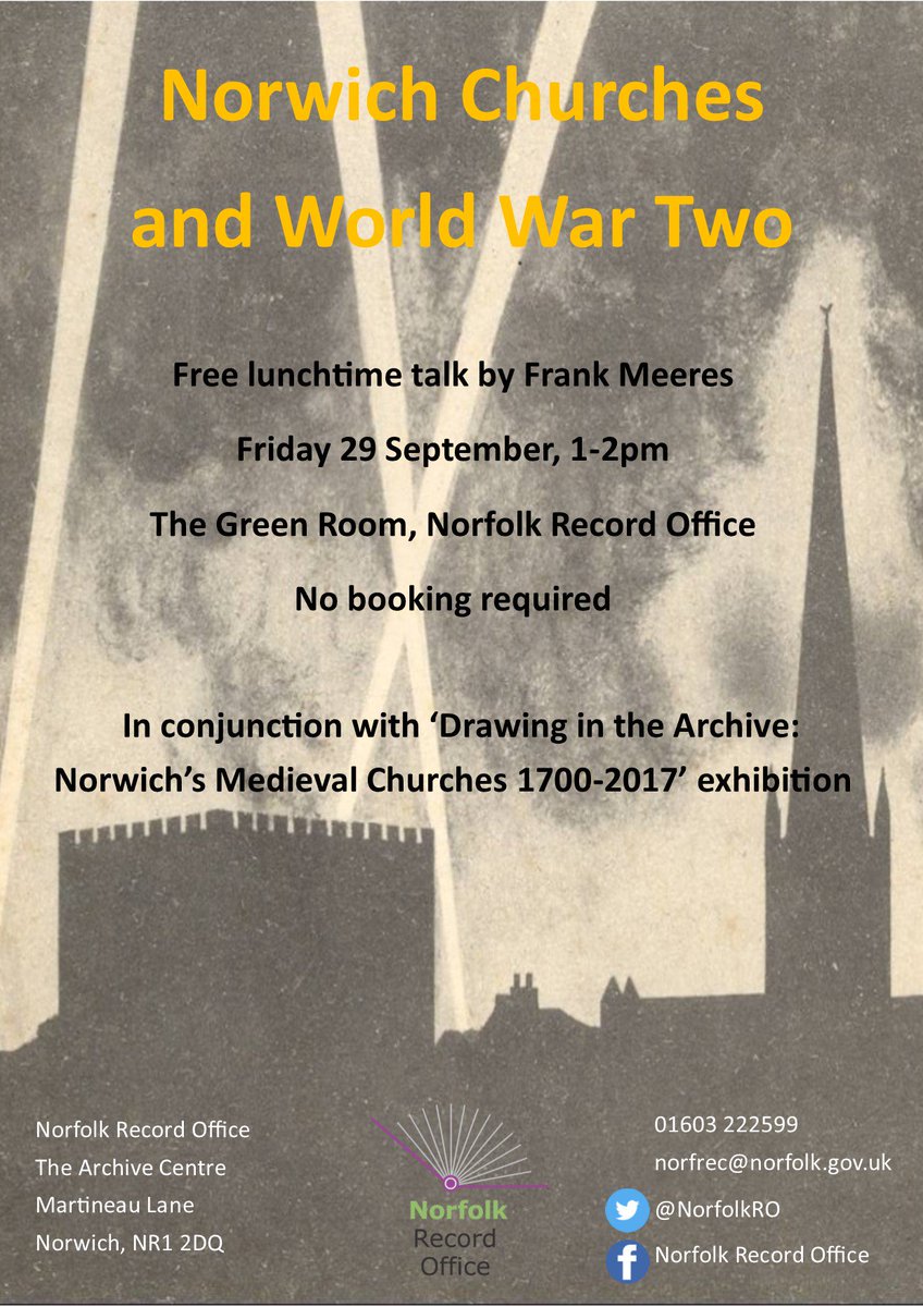 'Norwich Churches and World War Two' by Frank Meeres. Free lunchtime talk, 1pm 29 Sept. No booking req'd. See you there! #drawingchurches
