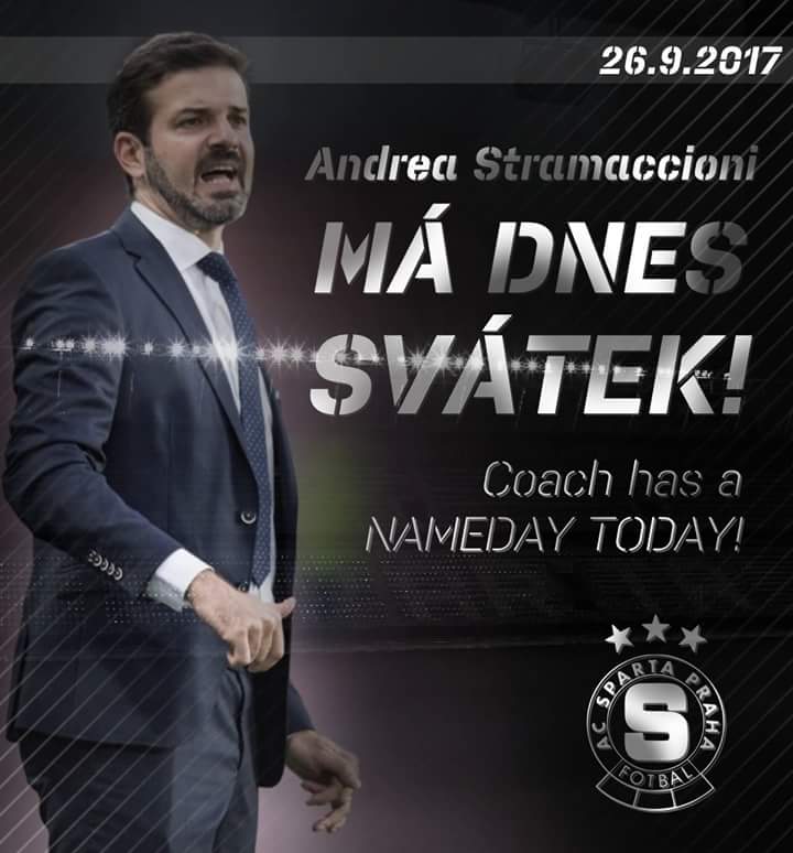 SpartaFanTV's tweet photo. Jelikož má dnes Andrea v Česku svátek, dá se to brát i tak, že má svátek i trenér Sparty Andrea Stramaccioni! Přejeme mu všechno nejlepší. https://t.co/HkthbkTHtC
