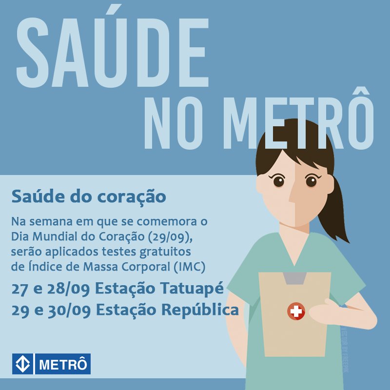 metrosp_oficial's tweet image. #saúde Faça o teste gratuito de IMC nas estações Tatuapé (27 e 28/9) e República (29 e 30/9) das 10 às 16h. Saiba + midi.as/Wr_1