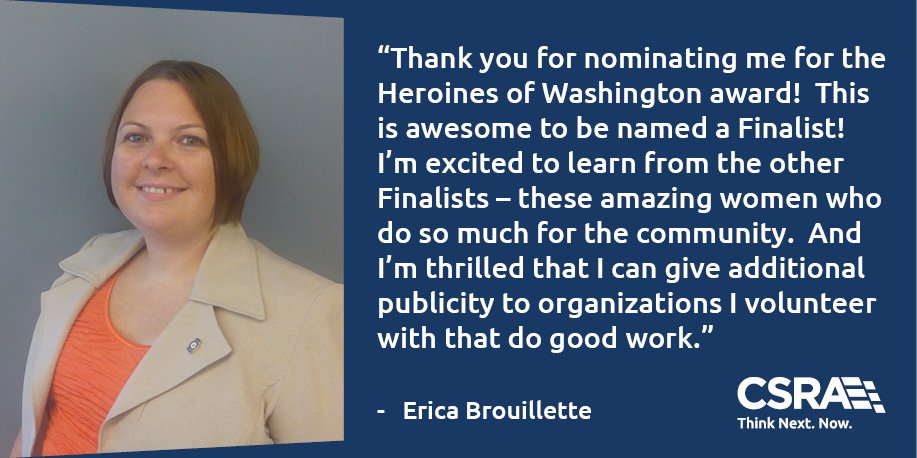 Congrats to <a href="/CSRA_inc/">CSRA Inc.</a> employee Erica Brouillette, a finalist for <a href="/MarchofDimes/">March of Dimes</a> #HeroinesofWashington Awards: ow.ly/HqM930frxwk