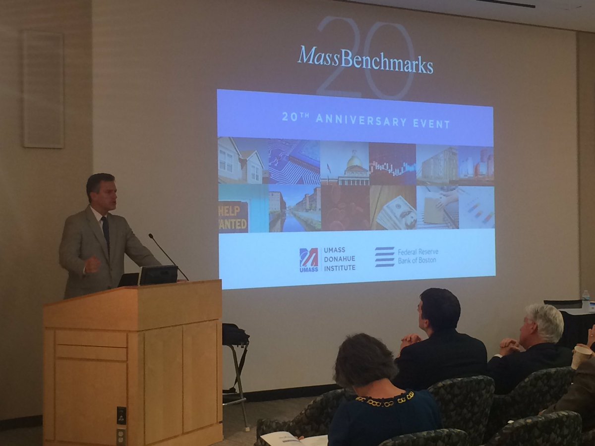 UMASSDonahue's tweet image. Sec. Jay Ash, Housing and Economic Development, gives a keynote at #MassBenchmarks 20th celebration.