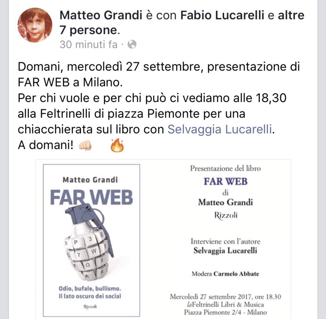 stanzaselvaggia's tweet image. Domani sono con @matteograndi e il suo #farweb alla Feltrinelli di Piazza Piemonte! Ore 18,30z
