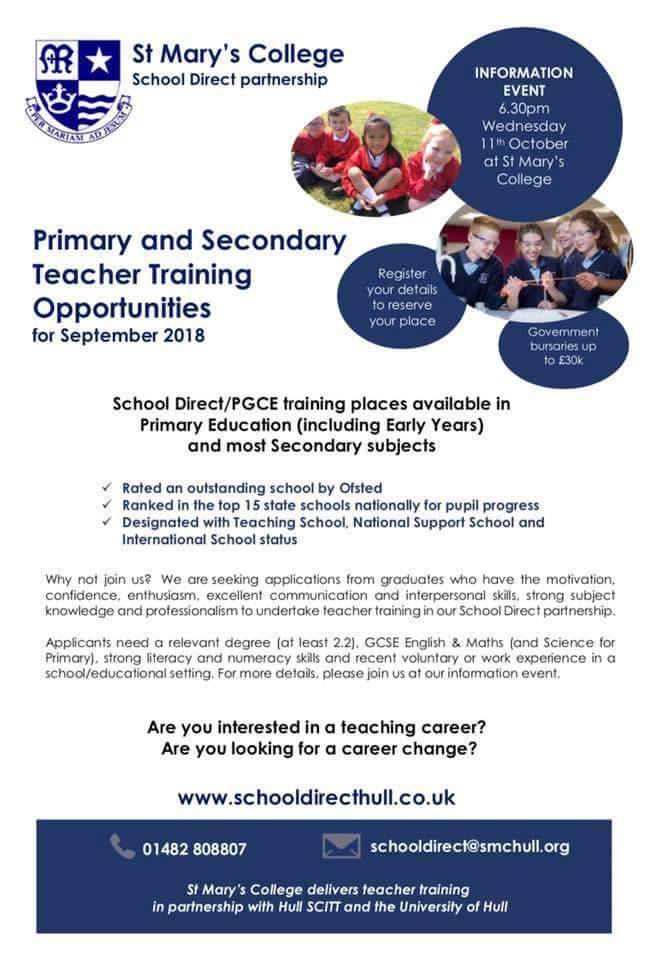 SMC_LRC's tweet photo. Opportunities to train to teach with @SMCHull . Come to our information event on 11th October. https://t.co/Gz2k85mZrO