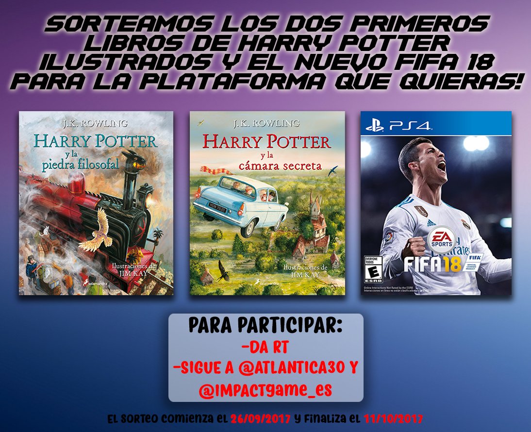 ¡SORTEAMOS LOS 2 PRIMEROS LIBROS DE HARRY POTTER ILUSTRADOS Y EL FIFA 18! 

Para participar:

-Da RT
-Sigue a <a href="/Atlantica30/">Atlantica 3.0 & Harry Potter Store</a> y <a href="/ImpactGame_es/">Impact Game</a>