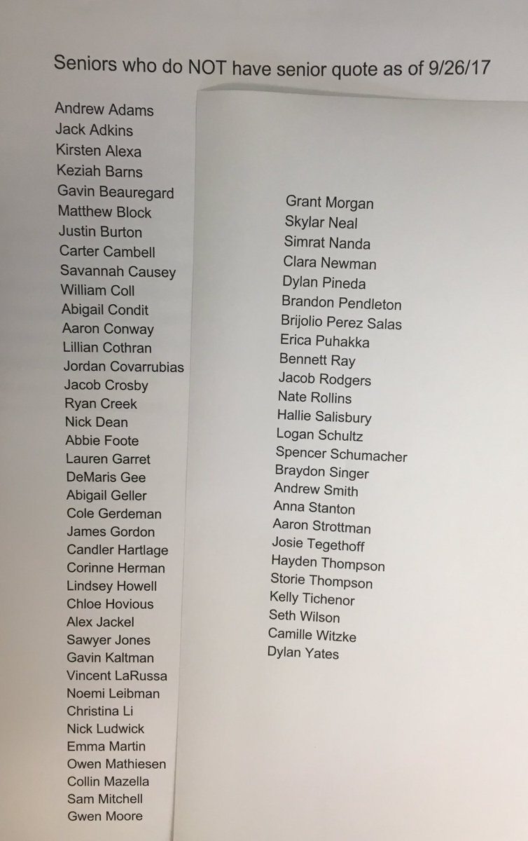 nohsSAB's tweet photo. If your name is on these lists, you either need to call Signature Studios or turn in your senior quote to Mr. A's room by Thurs. 4th period! https://t.co/H66iTChDyX