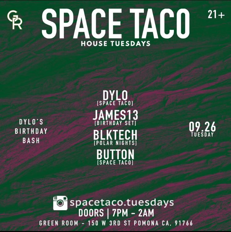 spacetacotues's tweet photo. We can't wait 4 tonight! @officialDYLO &amp; #James13 birthday bash w/ @DiscoDadddy &amp; #blktech our first ever live stream too! #HouseMusic #edm https://t.co/dXMbrSMrX0