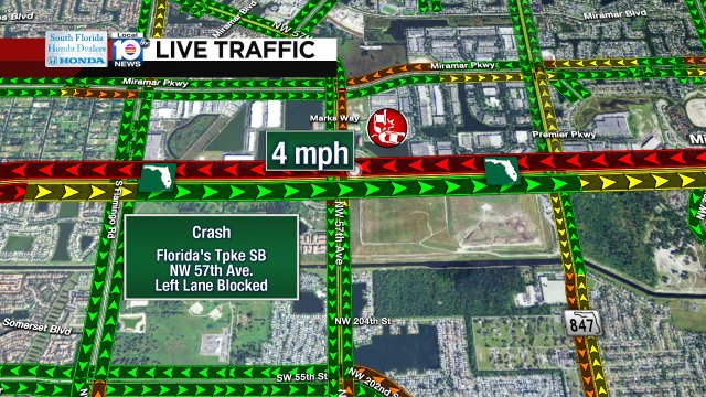 CRASH: Florida's Tpke SB & NW 57th Ave. A left lane remains blocked; expect heavy delays. #TRAFFIC https://t.co/G5mGRbQOpR