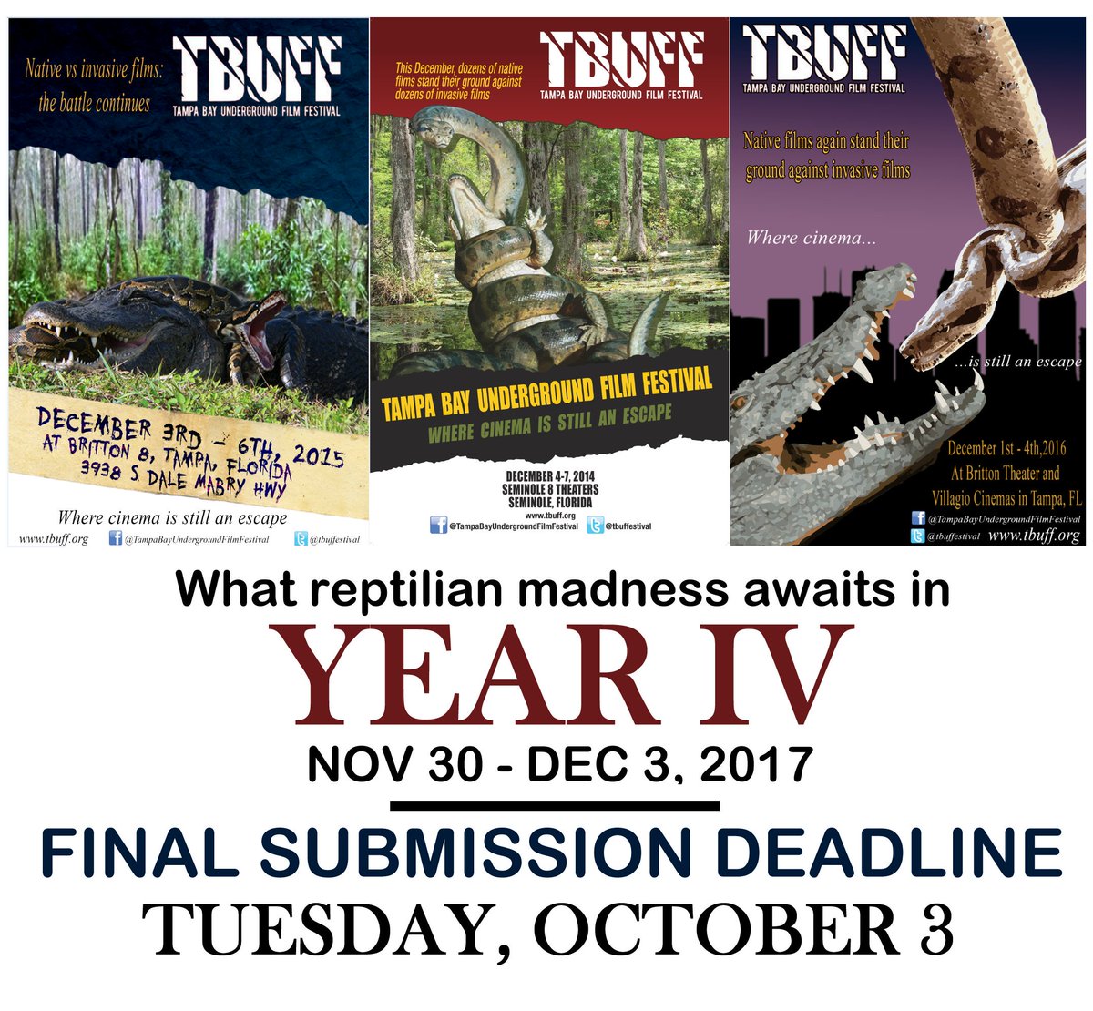 Tampa Bay Underground #FilmFestival FINAL deadline is 1 wk, Tue 10/3 for Dec’17 event! 155 #films/26 awards in ’16 for #indyfilm! TBUFF ORG
